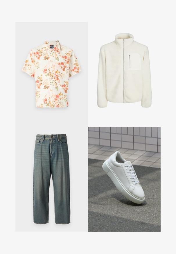 Giacca in pile bianca con colletto alto, chiusura frontale con zip e una piccola tasca con zip sul petto. Texture morbida con un aspetto peloso.; Camicia a maniche corte con sfondo crema e motivo floreale in toni di rosa, verde e marrone; chiusura con bottoni e colletto standard.; Jeans di denim azzurro chiaro con vestibilità ampia, vita media e gambe dritte. Presenta cinque tasche, passanti per cintura e chiusura con bottone.; Sneaker bianco in pelle con superficie liscia, punta rotonda e lacci piatti bianchi. Presenta una suola in gomma texturizzata e un design minimale.