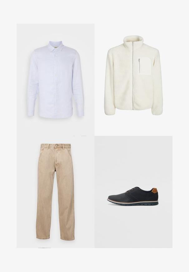 Witte fleec jasje met hoge kraag, ritssluiting aan de voorkant en een klein ritszakje op de borst. Zachte textuur met een pluizige uitstraling.; Lichtblauw linnen shirt met lange mouwen, button-down kraag, sluiting met knopen aan de voorkant en een gladde textuur. Bevat subtiele geweven details.; Beige denim jeans met een recht gesneden ontwerp, voorzien van voorzakken, een metalen knoopsluiting en een subtiele textuur.; Zwarte synthetische schoenen met een gestructureerde bovenkant, gladde accenten, bruine hak en een contrasterende zool. Bevat minimale veters en stikdetails.