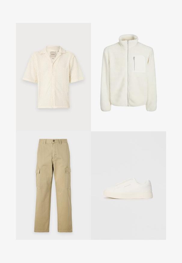 White fleece jacket with high collar, front zip closure, and a small zip pocket on the chest. Soft texture with a plush appearance.; Short-sleeve, cream-colored shirt made of textured fabric with a zigzag pattern and a button-down front. Features a classic collar and pocket.; Beige cargo pants made of cotton, featuring two side pockets, a button closure, and straight legs with a slightly textured fabric.; White slip-on sneakers with a textured surface, a thick sole, and minimalistic design. Features brand logo on the side.