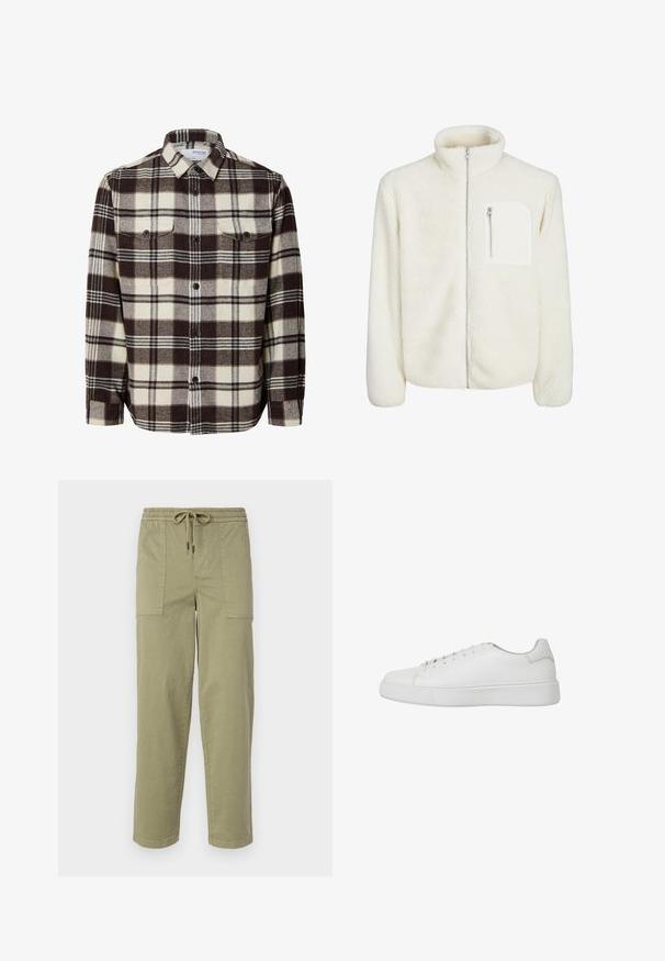 Vit fleecejacka med hög krage, dragkedja fram och en liten dragkedja på bröstet. Mjuk textur med en plyschliknande utseende.; Herrskjorta i flanell med ett rutmönster i brunt och kräm, knäppning framtill, två bröstfickor och klassisk krage. Mjuk textur.; Ljus olivgröna byxor i en bomullsblandning, med elastisk midja och dragsko, samt två stora sidofickor.; Vit sneaker i slätt läder med rundad tå, stickade detaljer och en platt gummisula. Minimalistisk design med snörning.