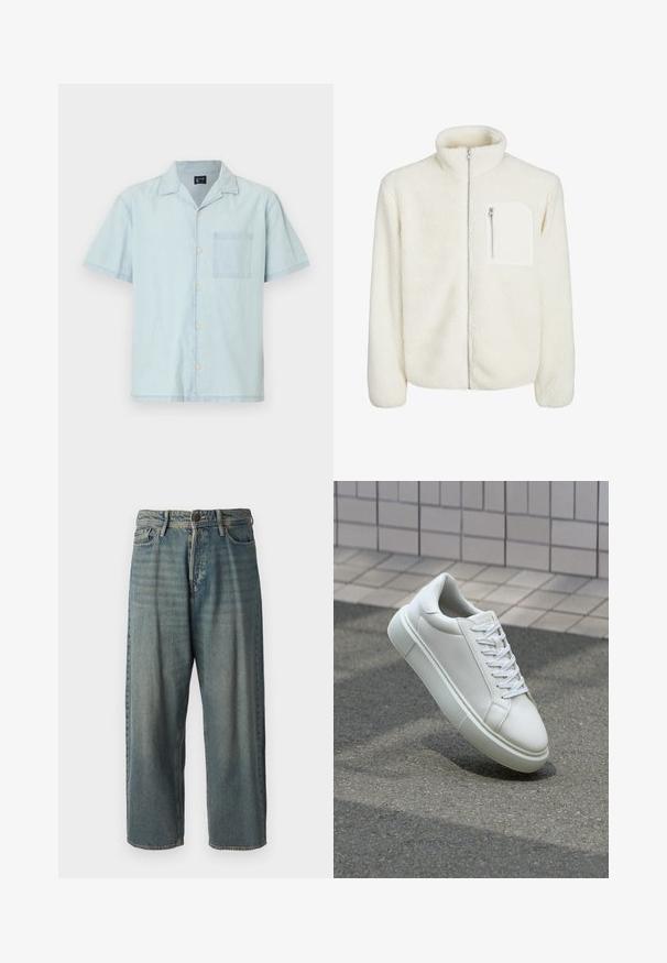 Balta flīsa jaka ar augstu apkakli, priekšējo rāvējslēdzēju un mazu rāvējslēdzēja kabatu uz krūtīm. Mīksta tekstūra ar pūkainu izskatu.; Gaiši zils īsu piedurkņu krekls no viegla auduma, ar klasisku apkakli, priekšējiem pogām un kreisajā krūtīs kabatiņu.; Gaiši zili džinsi ar brīvu piegriezumu, vidējo jostas augstumu un taisnām kājām. Satur piecas kabatas, jostas cilpas un pogu aizdari.; Baltas ādas sporta apavi ar gludu virsmu, apaļu pirkstu un plakanām baltām šņorēm. Iezīmējas ar strukturētu gumijas zoli un minimālisma dizaina elementiem.