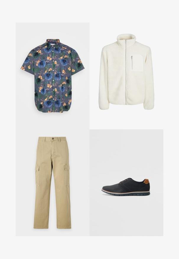 Hvit fleecejakke med høyt nakkekrage, frontlukking med glidelås og en liten glidelåslomme på brystet. Myk tekstur med en luksuriøs utseende.; Kortermet skjorte i mørkt stoff med et blått og grønt tropisk blomstermønster, med knapplukking foran og klassisk krage.; Beige cargo bukser laget av bomull, med to sidelommer, knappelukking, og rette ben med et lett strukturert stoff.; Sorte syntetiske sko med en teksturert overdel, glatte detaljer, brun hæl og en kontrastfarge på sålen. Har minimalt snøring og sømdetaljer.