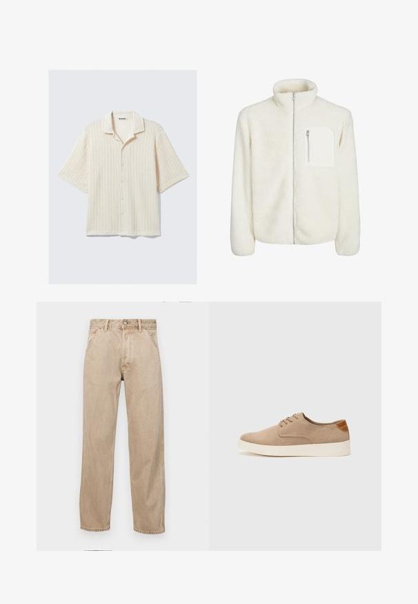 Hvit fleecejakke med høyt nakkekrage, frontlukking med glidelås og en liten glidelåslomme på brystet. Myk tekstur med en luksuriøs utseende.; Kortermet skjorte med knapper i kremfarge med ribbet tekstur. Har en brettet krage og fem knapper foran. Uformell design.; Beige denimjeans med rett ben design, med frontlommer, metallknapplukking og subtil tekstur.; Beige semskinnsko med rund tå, snøring foran og en teksturert bakre aksent. Hvit gummisåle gir kontrast. Enkelt og moderne design.
