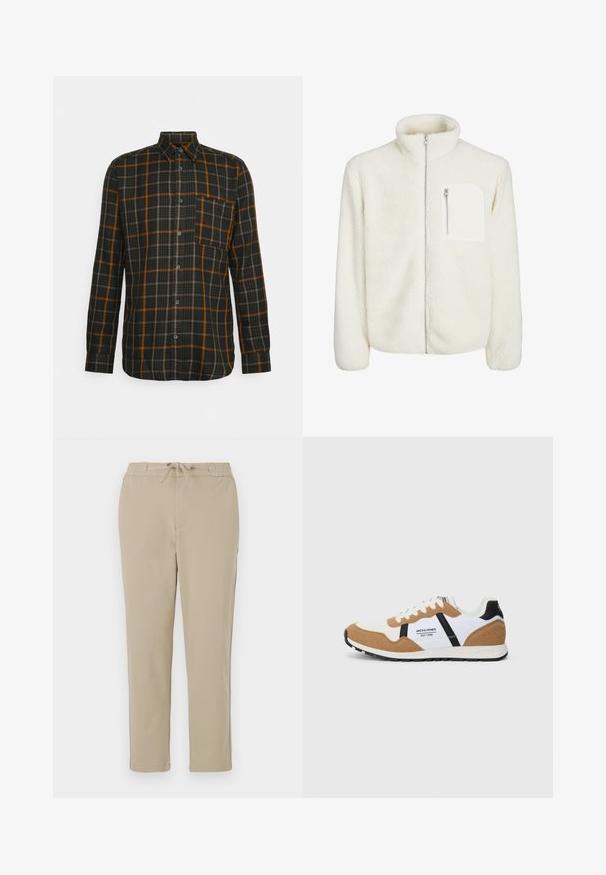 Casaco de fleece branco com colarinho alto, fecho à frente com zíper e um pequeno bolso com zíper no peito. Textura suave com uma aparência peluda.; Only & Sons ONSLOKI - Camisa - peat; Calças de lounge bege com cintura elástica e cordão, apresentando um design de perna reta e uma textura suave e macia.; Sapatilha de estilo retro com parte superior em suede branco e bege, detalhes em preto, atacadores brancos e logo "Jack & Jones EST. 1990" na lateral.