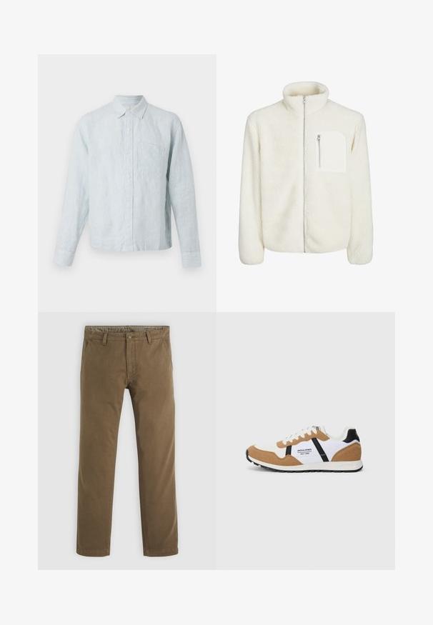 Vit fleecejacka med hög krage, dragkedja fram och en liten dragkedja på bröstet. Mjuk textur med en plyschliknande utseende.; Ljusblå randig skjorta med knappar och långa ärmar, en enkel bröstficka och klassisk krage, tillverkad av ett mjukt texturerat tyg.; Kakifärgade bomullbyxor med rak bendesign, featuring en knappstängning, två framfickor och en mjuk textur.; Retro-stil sneakers i vit, tan mocka, svarta accenter, vita snören och "Jack & Jones EST. 1990" logotyp på sidan.