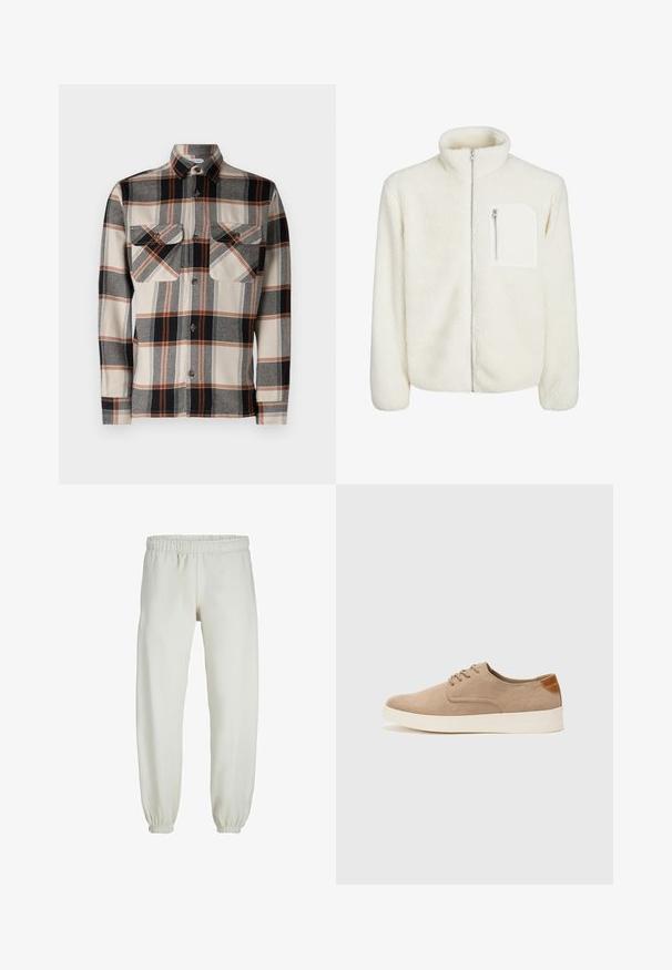 Balta pūkų striukė su aukštu apykakliu, priekiniu užtrauktuku ir mažuoju užtrauktuko kišenėle ant krūtinės. Minkšta tekstūra su pūkuota išvaizda.; Jack & Jones JJDARREN - Marškiniai - moonbeam; Baltos sportinės kelnės, pagamintos iš minkštos medžiagos, su elastinga juosmeniu ir rankogaliais, turinčios lygią tekstūrą ir laisvą siluetą.; Bežiniai zomšiniai sportbačiai su apvaliomis pirštų dalimis, raišteliais priekyje ir tekstūruotu užkulniu. Balta guma suteikia kontrastą. Paprastas ir modernus dizainas.