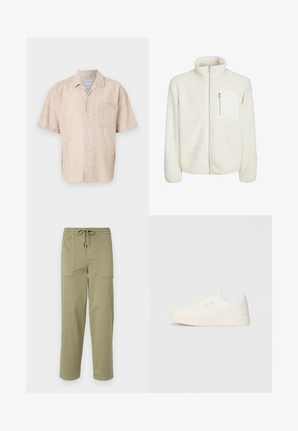White fleece jacket with high collar, front zip closure, and a small zip pocket on the chest. Soft texture with a plush appearance.; Short-sleeve button-up shirt in beige linen blend, featuring a chest pocket, subtle texture, and a classic collar design.; Light olive green pants made of cotton blend fabric, featuring an elastic waistband with drawstring, and two large side pockets.; White slip-on sneakers with a textured surface, a thick sole, and minimalistic design. Features brand logo on the side.
