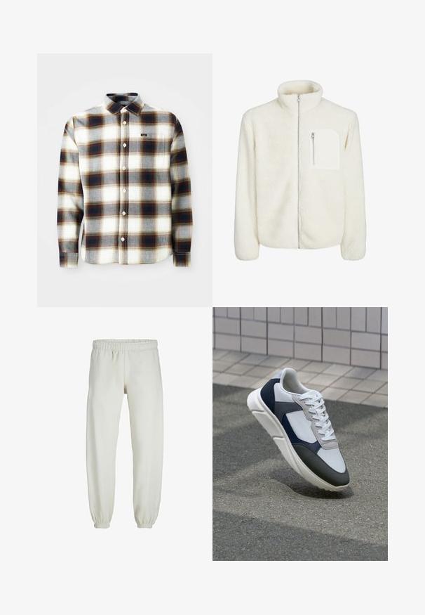 Vit fleecejacka med hög krage, dragkedja fram och en liten dragkedja på bröstet. Mjuk textur med en plyschliknande utseende.; Långärmad rutig skjorta i vitt, grått och brunt. Har en knäppning framtill, klassisk krage och en liten logotyp på bröstet.; Vita sweatpants gjorda av mjukt tyg, med elastisk midja och muddar, samt en slät textur och lös passform.; Vit, marinblå och grå sneaker med en blandad materialdesign, som har ett texturerat ovandel, platta snören och en vadderad sula.