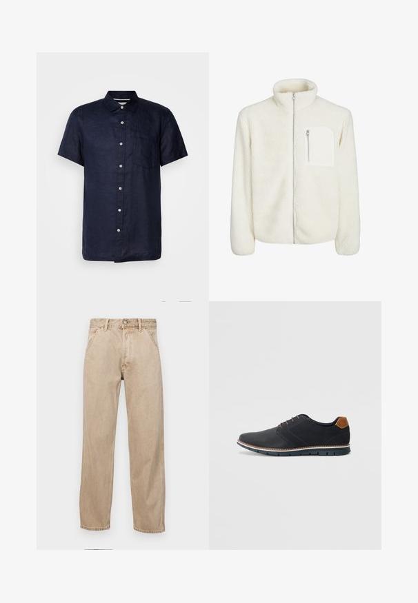 Giacca in pile bianca con colletto alto, chiusura frontale con zip e una piccola tasca con zip sul petto. Texture morbida con un aspetto peloso.; Camicia in lino blu navy a maniche corte con colletto sportivo, tasca frontale e bottoni bianchi, caratterizzata da un tessuto testurizzato e orlo dritto.; Jeans in denim beige con un design a gamba dritta, dotati di tasche frontali, chiusura con bottone metallico e una texture delicata.; Scarpe sintetiche nere con tomaia testurizzata, dettagli lisci, tacco marrone e suola a contrasto. Presentano una lacerazione minimale e dettagli di cucitura.