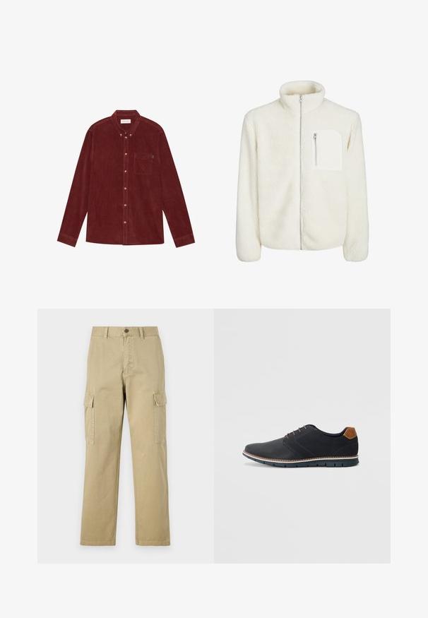 Vit fleecejacka med hög krage, dragkedja fram och en liten dragkedja på bröstet. Mjuk textur med en plyschliknande utseende.; Röd manchestert skjorta med knapp-ner krage, långa ärmar, framficka och knappar i guldfärg. Strukturerad väv.; Beige cargobyxor i bomull, med två sidofickor, knappstängning och raka ben i ett något texturerat tyg.; Svarta syntetiska skor med en strukturerad ovandel, släta detaljer, brun klack och en kontrasterande sula. Har minimal snörning och sömdetaljer.