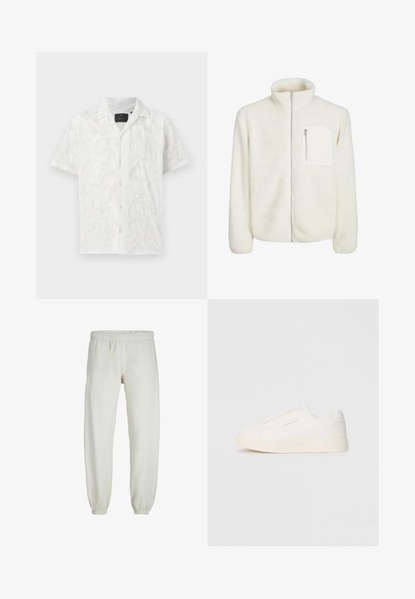 Giacca in pile bianca con colletto alto, chiusura frontale con zip e una piccola tasca con zip sul petto. Texture morbida con un aspetto peloso.; Camicia bianca a maniche corte con delicati ricami di motivi a foglia e floreali. Dettagli notevoli includono una chiusura con bottoni frontale e un colletto.; Pantaloni tuta bianchi realizzati in tessuto morbido, dotati di vita e polsini elastici, con una texture liscia e una vestibilità ampia.; Sneakers bianchi slip-on con superficie texturizzata, suola spessa e design minimalista. Presentano il logo del marchio sul lato.