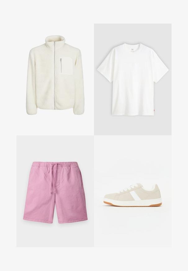 White fleece jacket with high collar, front zip closure, and a small zip pocket on the chest. Soft texture with a plush appearance.; White short-sleeve t-shirt made of cotton with a crew neck. Features subtle embossed logo detail on the front and a red label at the hem.; Light pink shorts made of a soft material, featuring an elastic waistband with a drawstring, and side pockets. Straight-cut legs, no patterns.; Beige sneaker with white accents, suede texture, rounded shape, lace-up design, and a contrasting gum rubber outsole.