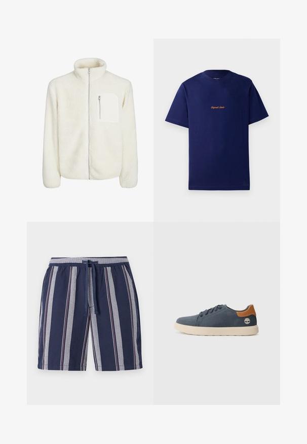 Witte fleec jasje met hoge kraag, ritssluiting aan de voorkant en een klein ritszakje op de borst. Zachte textuur met een pluizige uitstraling.; Donkerblauwe katoenen t-shirt met korte mouwen. Bevat een klein, oranje geborduurd logo op de borst. Klassiek ronde hals ontwerp.; Navyblauwe zwembroek met een verticaal gestreept patroon in wit en rood, elastische tailleband en koord, gemaakt van lichte stof.; Marine canvas sneaker met een beige rubberen zool, bruine leren accent op de hiel en gestructureerde stiksels. Bevat ronde veters en logo-detail.