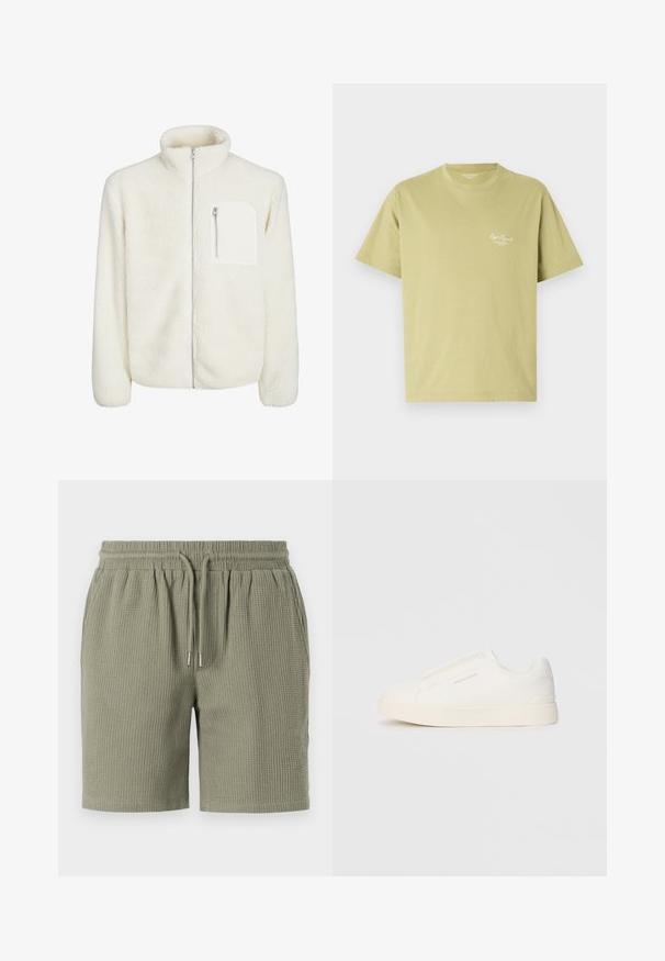 White fleece jacket with high collar, front zip closure, and a small zip pocket on the chest. Soft texture with a plush appearance.; Light green cotton t-shirt with short sleeves, a round neckline, and a small white logo text on the left chest area.; Waffle-textured, olive green shorts with an elastic waistband, drawstring ties, and a relaxed fit. Smooth hem at the legs.; White slip-on sneakers with a textured surface, a thick sole, and minimalistic design. Features brand logo on the side.