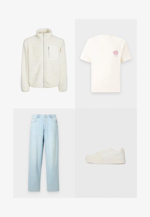Biela fleecová bunda s vysokým golierom, predným zipsom a malým zipsovým vreckom na hrudi. Mäkká textúra s huňatým vzhľadom.; Biele tričko s krátkym rukávom s červeným textom "Studio Originals Edition" na ľavej hrudi, zobrazené na neutrálnom šedom pozadí.; Svetlo modré, vysoké džínsy s rovným strihom, vyrobené z denimu, s piatimi vreckami a predným zapínaním na gombík.; Biele tenisky s hladkým koženým zvrškom a semišovými akcentmi. Obsahujú perforovaný špičku, ploché šnúrky a gumovú podrážku s textúrovanými detailmi.