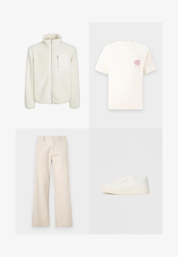 White fleece jacket with high collar, front zip closure, and a small zip pocket on the chest. Soft texture with a plush appearance.; White short-sleeve T-shirt with red text "Studio Originals Edition" on left chest, displayed on a neutral gray background.; Beige wide-leg trousers made of lightweight fabric, featuring a button closure and front pockets, with a smooth, untextured finish.; White slip-on sneakers with a textured surface, a thick sole, and minimalistic design. Features brand logo on the side.