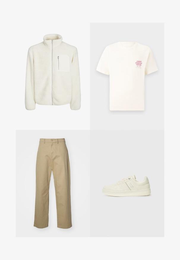 Bela flis jakna z visokim ovratnikom, sprednjim zadrgo in majhnim žepom z zadrgo na prsih. Mehka tekstura z luksuznim videzom.; Bela majica s kratkimi rokavi z rdečim napisom "Studio Originals Edition" na levi strani prsnega koša, prikazana na nevtralnem sivo backgroundu.; Bež bombažne hlače s ravnim krojem, ki imajo sprednji gumb in zadrgo ter dva stranska žepa. Gladka površina.; Sneaker v kremni barvi s perforiranim detajlom, vezalkami in logotipom na strani, prikazan na enostavni beli ozadju.
