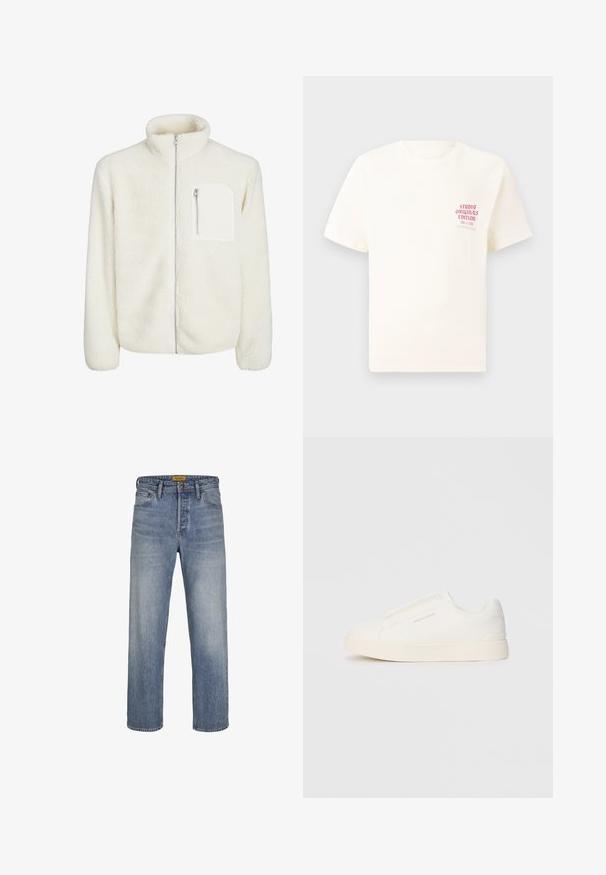 White fleece jacket with high collar, front zip closure, and a small zip pocket on the chest. Soft texture with a plush appearance.; White short-sleeve T-shirt with red text "Studio Originals Edition" on left chest, displayed on a neutral gray background.; Light blue straight-leg jeans made of denim, featuring a faded wash, five-pocket design, belt loops, and a zip fly with button closure.; White slip-on sneakers with a textured surface, a thick sole, and minimalistic design. Features brand logo on the side.
