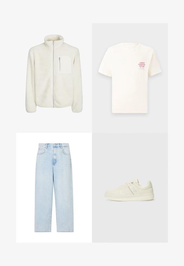 Hvit fleecejakke med høyt nakkekrage, frontlukking med glidelås og en liten glidelåslomme på brystet. Myk tekstur med en luksuriøs utseende.; Hvit T-skjorte med korte ermer og rød tekst "Studio Originals Edition" på venstre bryst, vist på en nøytral grå bakgrunn.; Lyse blå denim vid leg jeans med høy midje, fem lommer og knappelukking. Glatt tekstur med en falmet vaskefinish.; Kremfargede sneakers med perforerte detaljer, snøring og logo på siden, vist mot en enkel hvit bakgrunn.