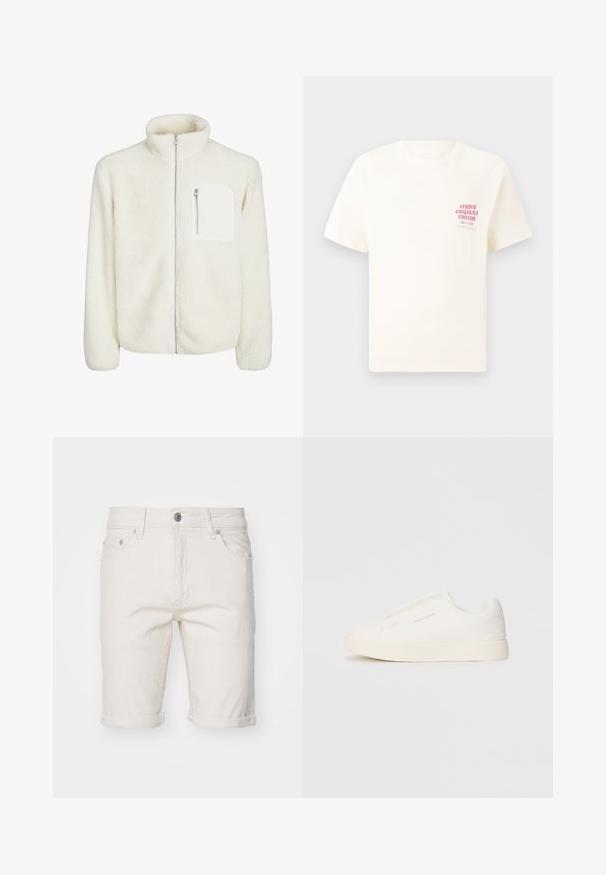 Weiße Fleecejacke mit hohem Kragen, vorderem Reißverschluss und einer kleinen Reißverschlusstasche auf der Brust. Weiche Textur mit einem samtigen Erscheinungsbild.; Weißes T-Shirt mit kurzen Ärmeln und rotem Text "Studio Originals Edition" auf der linken Brust, präsentiert vor einem neutralen grauen Hintergrund.; Weiße Baumwoll-Jeansshorts mit umgeschlagenen Säumen, ausgestattet mit fünf Taschen, einem Knopfverschluss und subtiler Textur.; Weiße Slip-On-Sneaker mit einer strukturierten Oberfläche, dicker Sohle und minimalistischem Design. Mit Logo der Marke an der Seite.