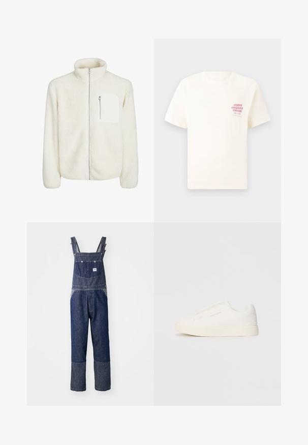 Casaco de fleece branco com colarinho alto, fecho à frente com zíper e um pequeno bolso com zíper no peito. Textura suave com uma aparência peluda.; T-shirt branca de mangas curtas com o texto vermelho "Edição Originais do Estúdio" no lado esquerdo do peito, apresentada sobre um fundo cinza neutro.; Mala de ganga azul com ombros listados, apresentando um bolso frontal e um padrão listado em contraste nas bainhas. Inclui alças ajustáveis.; Sapatilhas brancas de atacar com uma superfície texturizada, sola grossa e design minimalista. Possui o logo da marca na lateral.