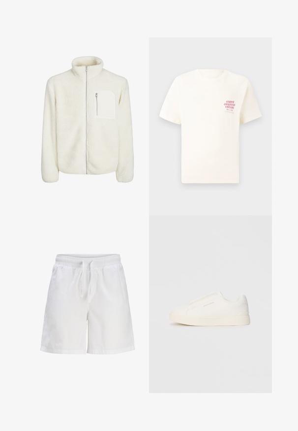 Biała polarowa kurtka z wysokim kołnierzem, zamkiem błyskawicznym z przodu oraz małą kieszonką na zamek na piersi. Miękka tekstura z pluszowym wyglądem.; Biała koszulka z krótkim rękawem z czerwonym napisem "Studio Originals Edition" po lewej stronie klatki piersiowej, wyeksponowana na neutralnym szarym tle.; Białe bawełniane szorty z elastycznym pasem i sznurkiem. Charakteryzują się luźnym krojem oraz bocznymi kieszeniami.; Białe sneakersy wsuwane z teksturowanej powierzchni, grubą podeszwą i minimalistycznym designem. Zawierają logo marki z boku.