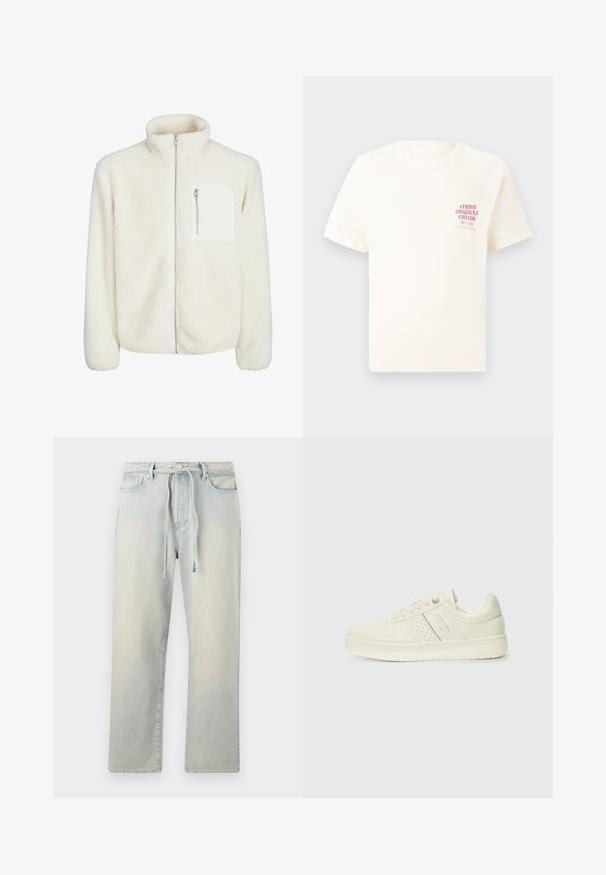 Biała polarowa kurtka z wysokim kołnierzem, zamkiem błyskawicznym z przodu oraz małą kieszonką na zamek na piersi. Miękka tekstura z pluszowym wyglądem.; Biała koszulka z krótkim rękawem z czerwonym napisem "Studio Originals Edition" po lewej stronie klatki piersiowej, wyeksponowana na neutralnym szarym tle.; Jasnoniebieskie dżinsy o luźnym kroju, z elastycznym pasem ze sznurkiem, subtelną, wyblakłą teksturą i prostymi nogawkami. Posiadają klasyczne kieszenie i szwy.; Kremowe sneakersy z perforowanymi detalami, sznurowadłami i logo z boku, prezentowane na jednolitym białym tle.