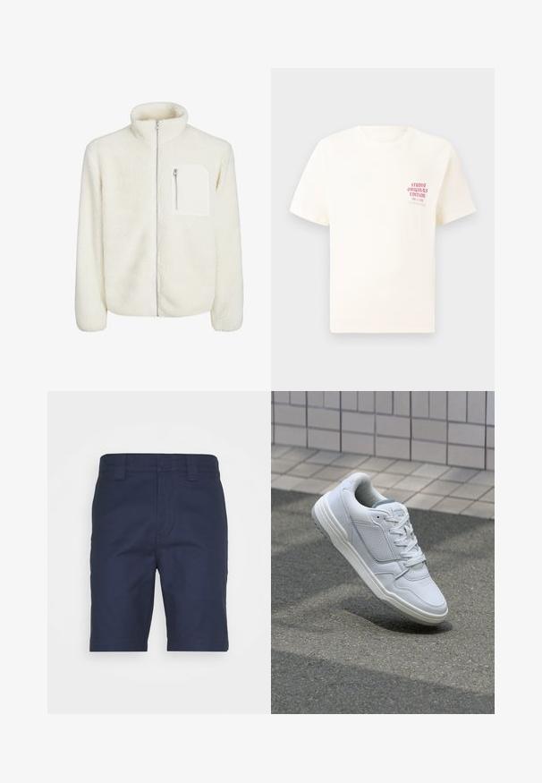 Balta pūkų striukė su aukštu apykakliu, priekiniu užtrauktuku ir mažuoju užtrauktuko kišenėle ant krūtinės. Minkšta tekstūra su pūkuota išvaizda.; Balta trumpa rankovėmis marškinėliai su raudonu užrašu "Studio Originals Edition" kairiajame krūtinės šone, rodomi neutralioje pilkoje aplinkoje.; Tamsiai mėlyni šortai iš lygaus audinio, su plokščiu priekiu, diržo kilpomis ir klasikiniu kirpimu. Nėra matomų raštų ar akcentų.; Baltos odinės sportinės bateliai su perforuotais šonais, tekstūruotais akcentais, plokščiomis raištelėmis ir kontrastingu pilku kulnu. Yra šiek tiek pakelti padas.