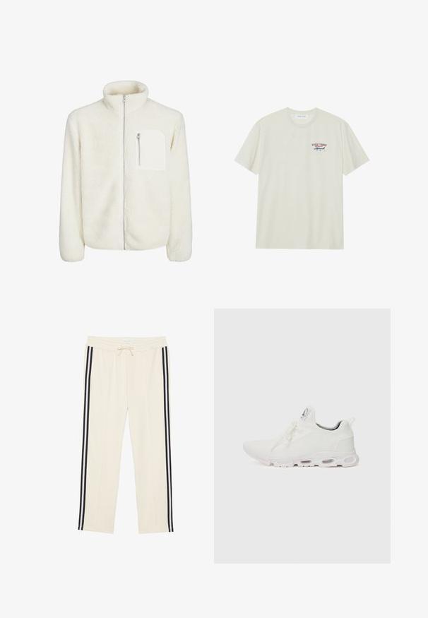 Biała polarowa kurtka z wysokim kołnierzem, zamkiem błyskawicznym z przodu oraz małą kieszonką na zamek na piersi. Miękka tekstura z pluszowym wyglądem.; Jasna kremowa bawełniana koszulka z krótkim rękawem. Posiada małą niebiesko-czerwoną grafikę marlin oraz napis "MARLIN TROPHY".; Kremowe spodnie dresowe z elastycznym pasem i regulowanym sznurkiem. Posiadają dwie czarne paski boczne biegnące wzdłuż każdej nogawki. Miękka tekstura tkaniny.; Białe buty sportowe z teksturowaną cholewką z dzianiny, płaskimi sznurowadłami oraz wyściełaną podeszwą z widocznymi komorami powietrznymi dla dodatkowego wsparcia.