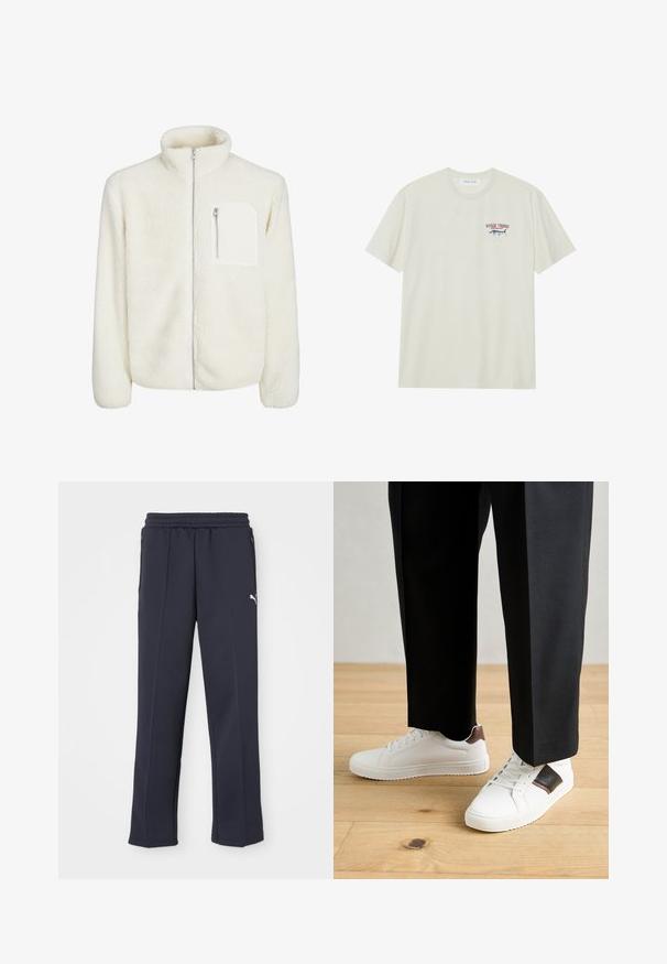 Hvit fleecejakke med høyt nakkekrage, frontlukking med glidelås og en liten glidelåslomme på brystet. Myk tekstur med en luksuriøs utseende.; Lys kremfarget bomull T-skjorte med korte ermer. Har et lite blått og rødt grafisk motiv av en marlin og teksten "MARLIN TROPHY".; Mørkeblå joggebukser laget av myk stoff, med snor som midjebånd, sidelommer med glidelås og en diskret hvit logo på venstre bein.; Hvite sneakers med glatt tekstur, med brune skinnakenter og svart detaljer, parret med svarte skreddersydde bukser. Bakgrunn med tregulv.