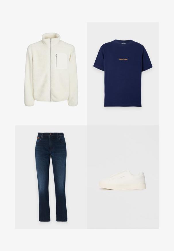 Λευκή φλις ζακέτα με ψηλό γιακά, μπροστινό φερμουάρ και μια μικρή τσέπη με φερμουάρ στο στήθος. Μαλακή υφή με πλούσια εμφάνιση.; Μπλε βαμβακερό μπλουζάκι ναυτικού με κοντά μανίκια, στρογγυλή λαιμόκοψη και πορτοκαλί κεντημένο κείμενο "Originals Studio" στο κέντρο μπροστά.; Σκούρα μπλε τζιν παντελόνι σε ίσια γραμμή, φτιαγμένο από τζιν ύφασμα, με κλείσιμο μπροστά και δύο πλαϊνές τσέπες.; Λευκά slip-on παπούτσια με υφή, παχύ πάτο και μινιμαλιστικό σχέδιο. Φέρει το λογότυπο της μάρκας στο πλάι.
