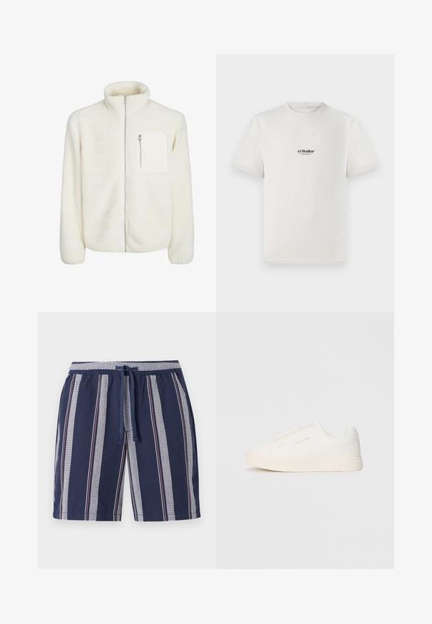 Casaco de fleece branco com colarinho alto, fecho à frente com zíper e um pequeno bolso com zíper no peito. Textura suave com uma aparência peluda.; T-shirt de algodão branca com mangas curtas, apresentando um logótipo preto "JJ Studios" no peito. Design de gola redonda e ajuste padrão.; Calções de banho azul-marinho com padrão riscado vertical em branco e vermelho, com cintura elástica e cordão, feitos de tecido leve.; Sapatilhas brancas de atacar com uma superfície texturizada, sola grossa e design minimalista. Possui o logo da marca na lateral.