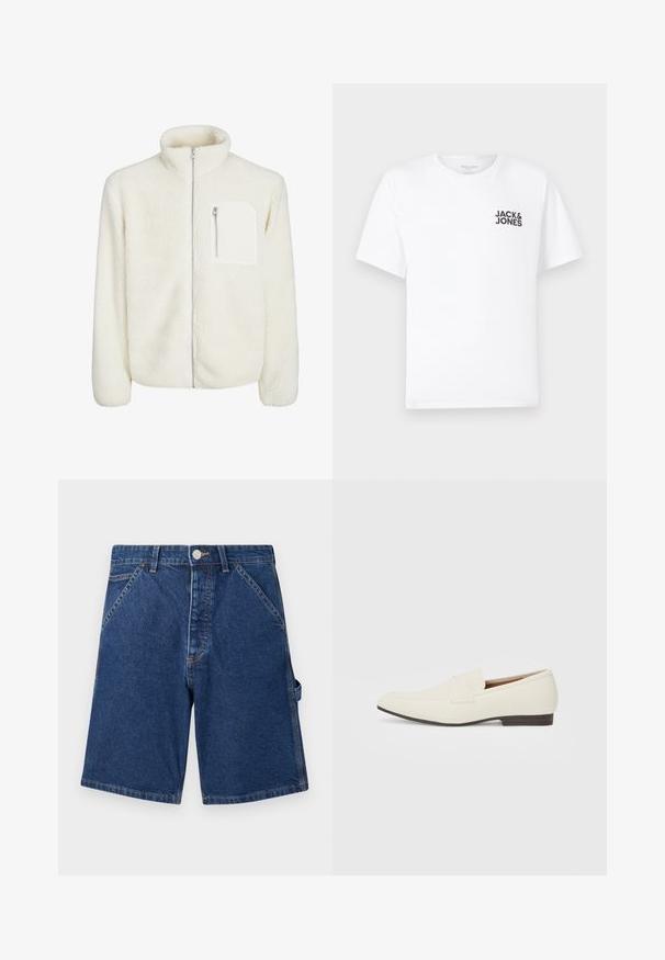 Balta pūkų striukė su aukštu apykakliu, priekiniu užtrauktuku ir mažuoju užtrauktuko kišenėle ant krūtinės. Minkšta tekstūra su pūkuota išvaizda.; Balta medvilnės marškinėliai su trumpomis rankovėmis ir apvalia kaklo iškirpte. Kairėje krūtinės pusėje yra juodas tekstas "JACK & JONES". Paprastas, vientisas dizainas.; Tamsiai mėlyni džinsiniai šortai su klasikine penkių kišenių dizainu, metaliniu užsegimu ir matoma siuvimo linija palei siūles.; Šviesiai smėliniai loaferiai su smailiu pirštu, lygaus paviršiaus, dirželiu per viršų ir žema ruda padanga. Paprastas dizainas su minimaliais akcentais.