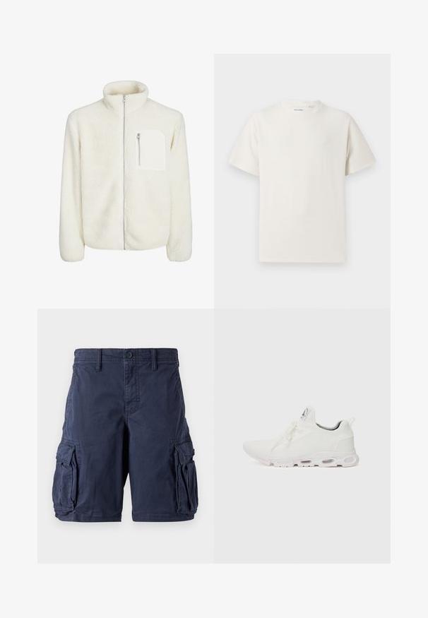 Biała polarowa kurtka z wysokim kołnierzem, zamkiem błyskawicznym z przodu oraz małą kieszonką na zamek na piersi. Miękka tekstura z pluszowym wyglądem.; Biała krótka koszulka z krótkim rękawem o żebrowanej fakturze. Okrągły dekolt, luźny krój, brak widocznych wzorów lub akcentów. Prosty i uniwersalny design.; Niebieskie szorty cargo wykonane z bawełny. Posiadają wiele bocznych kieszeni, zapięcie na guzik oraz luźny krój. Gładka tekstura i trwały design.; Białe buty sportowe z teksturowaną cholewką z dzianiny, płaskimi sznurowadłami oraz wyściełaną podeszwą z widocznymi komorami powietrznymi dla dodatkowego wsparcia.