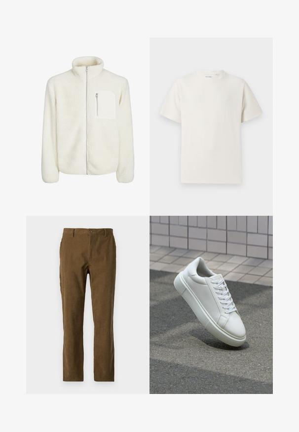 Witte fleec jasje met hoge kraag, ritssluiting aan de voorkant en een klein ritszakje op de borst. Zachte textuur met een pluizige uitstraling.; Witte korte mouwen T-shirt met ribbelstructuur. Ronde hals, ontspannen pasvorm, geen zichtbare patronen of accenten. Eenvoudig en veelzijdig ontwerp.; Bruine corduroy broek met rechte snit, voorzien van verticale ribbels, een knoopsluiting aan de voorkant en zijzakken voor extra functionaliteit.; Witte leren sneaker met een glad oppervlak, ronde neus en platte witte veters. Voorzien van een gestructureerde rubberen zool en minimale ontwerpelementen.