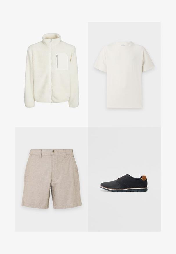 Bela flis jakna z visokim ovratnikom, sprednjim zadrgo in majhnim žepom z zadrgo na prsih. Mehka tekstura z luksuznim videzom.; Bela majica s kratkimi rokavi iz rebraste tkanine. Okrogli izrez, sproščen kroj, brez vidnih vzorcev ali naglasov. Preprosta in vsestranska zasnova.; Bež hlače iz lana s ravnim sprednjim delom, dvema stranskima žepoma in enim gumbom za zapiranje. Tkanina ima subtilno teksturo in je lahka.; Črne sintetične čevlje z teksturirano zgornjščino, gladkimi akcenti, rjavim petnim delom in kontrastnim podplatom. Imajo minimalno vezanje in detajle šivanja.