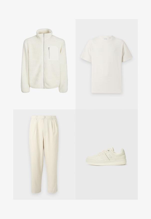 White fleece jacket with high collar, front zip closure, and a small zip pocket on the chest. Soft texture with a plush appearance.; White short-sleeve T-shirt in a ribbed texture. Round neckline, relaxed fit, no visible patterns or accents. Simple and versatile design.; Beige, tailored trousers with a front pleat and a straight cut. Features a waistband with loops and cuffed hems. Smooth texture.; Cream-colored sneaker with perforated detailing, laces, and logo on the side, displayed against a plain white background.