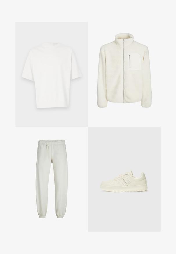 Fehér fleece dzseki magas gallérral, elülső cipzáras záródással és egy kis cipzáras zsebbel a mellrészen. Puha tapintású, plüss megjelenésű.; Fehér, rövid ujjú póló, puha anyagból készült. Kerek nyakkivágással, laza fazonnal és díszítések vagy minták nélküli egyszerű dizájnnal.; Fehér melegítőnadrág, puha anyagból készült, rugalmas derékrésszel és mandzsettával, sima tapintású és laza szabású.; Krém színű sneaker perforált részletekkel, fűzőkkel és logóval az oldalán, egy sima fehér háttér előtt kiállítva.