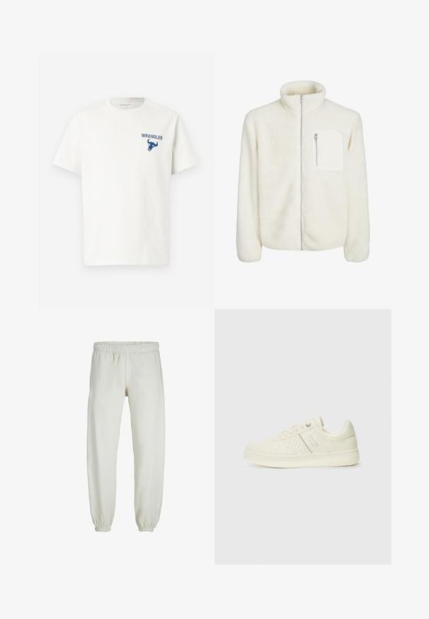 Valge fliiskampsun kõrge kaelusega, ees tõmblukuga ja väike lukuga tasku rinnal. Pehme tekstuur ja luksuslik välimus.; Valge puuvillane T-särk, millel on vasakul rinnal sinine Wrangler logo ja pulli graafika. Lühikesed varrukad ja ümar kaelus.; Valged trennipüksid, mis on valmistatud pehmest kangast, elastse vöökoha ja mansettidega, sileda tekstuuri ja lõdva lõikega.; Koor valged tossud perforatsiooni detailide, nööpide ja külje logo ka, esitatud ühtlase valge tausta ees.