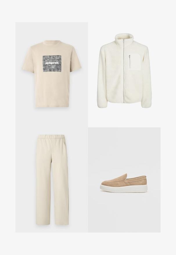 Chaqueta de forro polar blanca con cuello alto, cierre frontal con cremallera y un pequeño bolsillo con cremallera en el pecho. Textura suave con un aspecto esponjoso.; Camiseta de algodón beige con un gráfico cuadrado de camuflaje gris que incluye el texto "jack&jones" y "CORE NINE ZERO". Cuello redondo y mangas cortas.; Pantalones de pierna ancha en color beige con una cinturilla elástica, confeccionados en tela suave. Presentan una textura lisa y sin patrones o herrajes visibles.; Steve Madden FLETCHER - Zapatos sin cordones - taupe melange