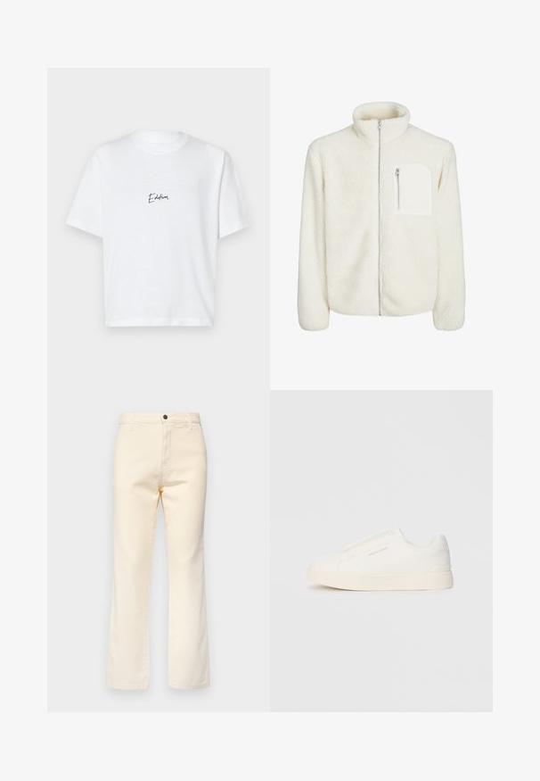 White fleece jacket with high collar, front zip closure, and a small zip pocket on the chest. Soft texture with a plush appearance.; White cotton T-shirt featuring short sleeves, a classic crew neckline, and a black scripted "Edition" text on the left chest area.; Cream-colored cotton jeans with a straight leg design, featuring a front button closure and standard five-pocket styling.; White slip-on sneakers with a textured surface, a thick sole, and minimalistic design. Features brand logo on the side.