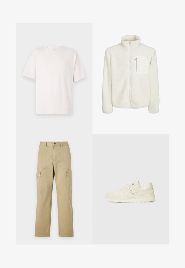 Biela fleecová bunda s vysokým golierom, predným zipsom a malým zipsovým vreckom na hrudi. Mäkká textúra s huňatým vzhľadom.; Biele tričko s krátkym rukávom vyrobené z jemnej bavlny. Má okrúhly výstrih a voľný strih. Hladká textúra bez vzorov alebo akcentov.; Bežové cargo nohavice vyrobené z bavlny, s dvoma bočnými vreckami, zapínaním na gombík a rovným strihom s mierne textúrovanou tkaninou.; Krémová teniska s perforovanými detailmi, šnúrkami a logom na boku, vystavená na jednoduchej bielej pozadí.