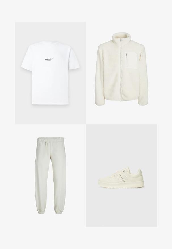 White fleece jacket with high collar, front zip closure, and a small zip pocket on the chest. Soft texture with a plush appearance.; White cotton t-shirt with short sleeves. Features a small black logo text "JJ Studios" on the chest. Simple, unadorned design.; White sweatpants made from soft fabric, featuring an elastic waistband and cuffs, with a smooth texture and loose-fitting design.; Cream-colored sneaker with perforated detailing, laces, and logo on the side, displayed against a plain white background.