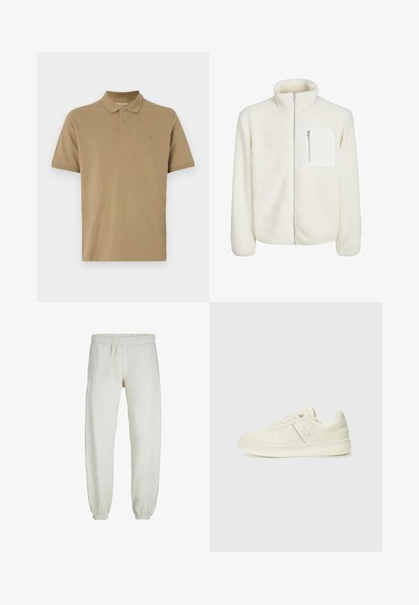 Giacca in pile bianca con colletto alto, chiusura frontale con zip e una piccola tasca con zip sul petto. Texture morbida con un aspetto peloso.; Maglietta polo color khaki in cotone, con colletto, chiusura a due bottoni, maniche corte e un piccolo logo sul petto. Tessuto liscia.; Pantaloni tuta bianchi realizzati in tessuto morbido, dotati di vita e polsini elastici, con una texture liscia e una vestibilità ampia.; Sneaker color crema con dettagli perforati, lacci e logo sul lato, esposta su uno sfondo bianco semplice.