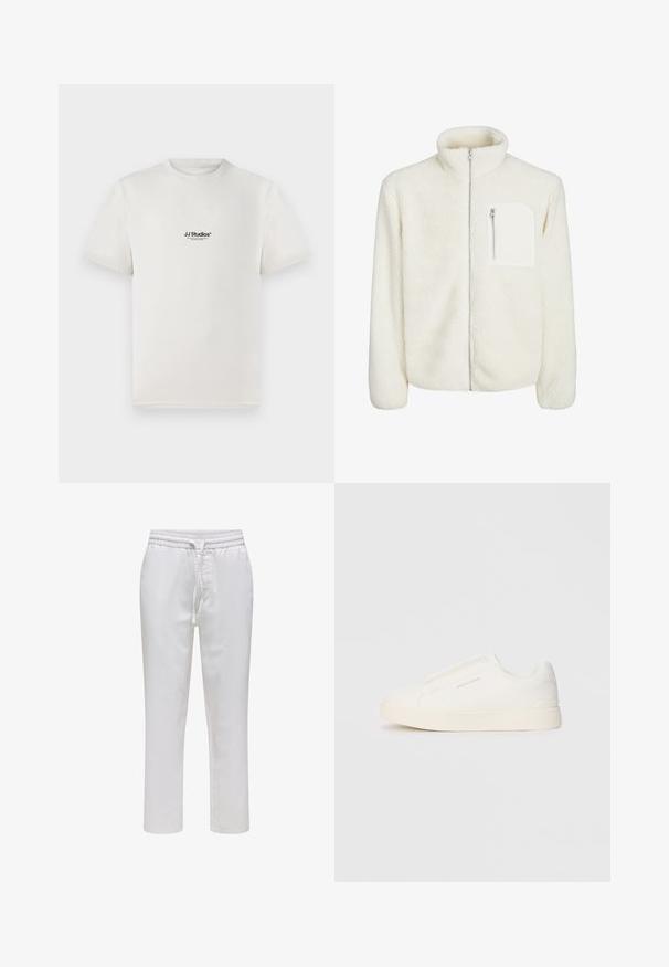 Hvit fleecejakke med høyt nakkekrage, frontlukking med glidelås og en liten glidelåslomme på brystet. Myk tekstur med en luksuriøs utseende.; Hvit bomulls-t-skjorte med korte ermer, med en svart "JJ Studios" logo på brystet. Rund hals og standard passform.; Hvite bukser med elastisk midje og snor. Rett ben-design i et glatt, lett stoff uten mønster.; Hvite slip-on joggesko med teksturert overflate, tykk såle og minimalistisk design. Har merkevarelogo på siden.