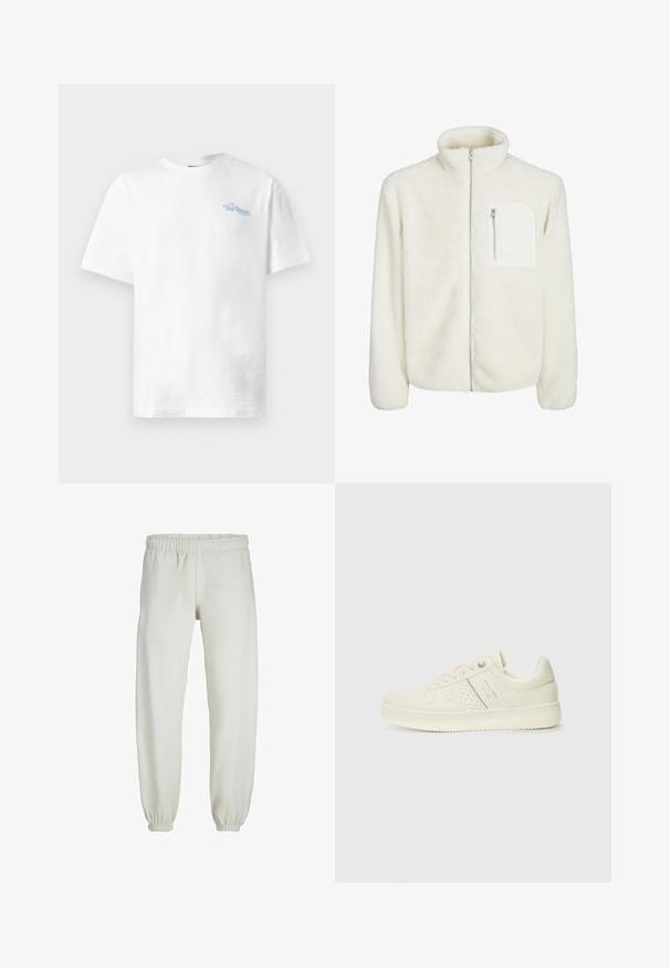 Fehér fleece dzseki magas gallérral, elülső cipzáras záródással és egy kis cipzáras zsebbel a mellrészen. Puha tapintású, plüss megjelenésű.; Fehér pamut póló kerek nyakkal, rövid ujjakkal, és világoskék felirattal, amely a bal mellkas területén olvasható: "A KIRÁLYI".; Fehér melegítőnadrág, puha anyagból készült, rugalmas derékrésszel és mandzsettával, sima tapintású és laza szabású.; Krém színű sneaker perforált részletekkel, fűzőkkel és logóval az oldalán, egy sima fehér háttér előtt kiállítva.