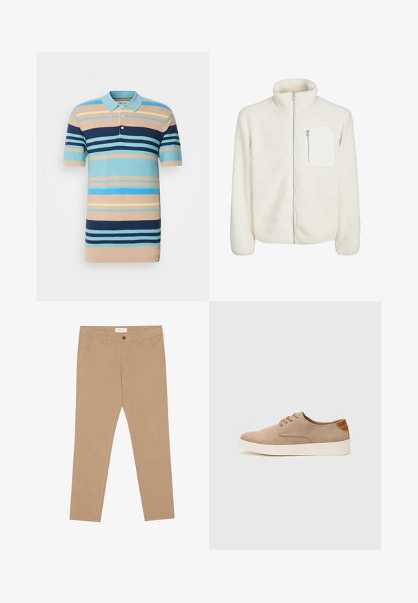 Chaqueta de forro polar blanca con cuello alto, cierre frontal con cremallera y un pequeño bolsillo con cremallera en el pecho. Textura suave con un aspecto esponjoso.; Polo a rayas en colores azul claro, azul marino y beige, con mangas cortas, cuello y tapeta de dos botones, fabricado en un material de punto texturizado.; Chinos caqui de mezcla de algodón, con frente plano, dos bolsillos laterales y un bolsillo trasero. Tejido ligero con una textura suave.; Zapatillas de ante beige con puntera redondeada, cordones en la parte delantera y un acento texturizado en la parte trasera. La suela de goma blanca proporciona contraste. Diseño sencillo y moderno.