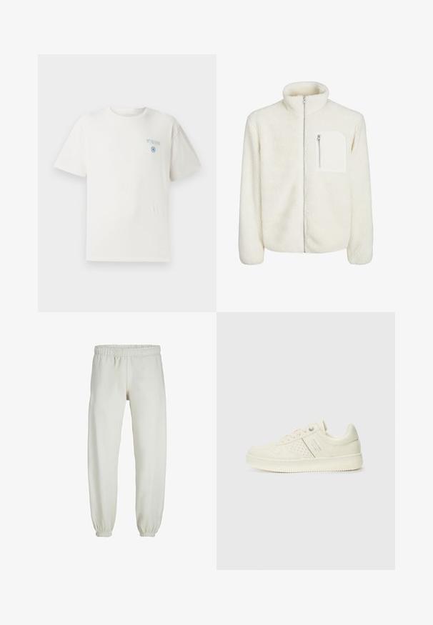 Weiße Fleecejacke mit hohem Kragen, vorderem Reißverschluss und einer kleinen Reißverschlusstasche auf der Brust. Weiche Textur mit einem samtigen Erscheinungsbild.; Weißes Baumwoll-T-Shirt mit Rundhalsausschnitt, kurzen Ärmeln und blauer "MYKONOS" Grafik auf der linken Brust, die ein kreisförmiges Designelement enthält.; Weiße Jogginghose aus weichem Stoff, mit elastischem Bund und Säumen, einer glatten Textur und lockerem Schnitt.; Cremefarbene Sneaker mit perforierten Details, Schnürsenkeln und Logo an der Seite, vor einem schlichten weißen Hintergrund präsentiert.