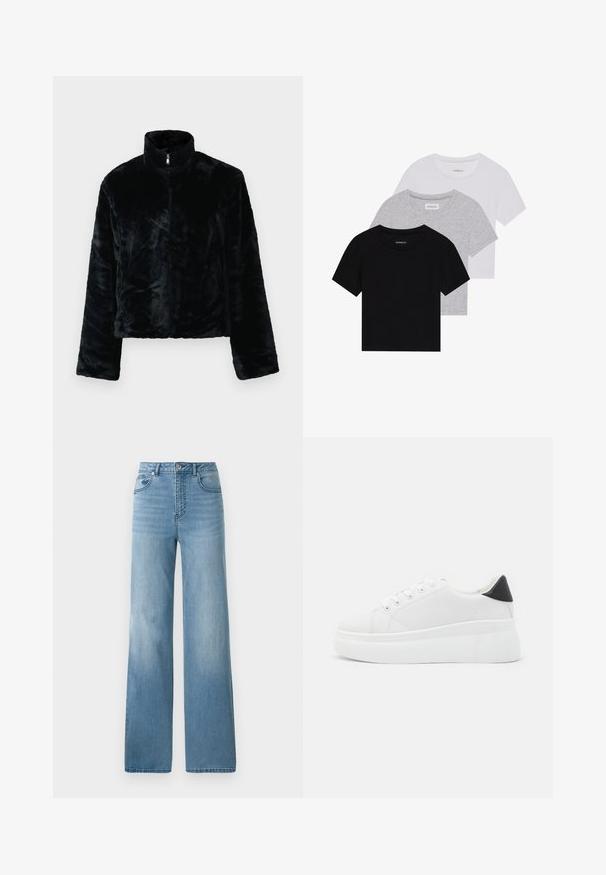 Črna jakna iz umetnega krzna z visokim ovratnikom, zadrgo in dolgimi rokavi. Mehka tekstura in sproščen kroj, s gladko, enakomerno površino.; Komplet treh majic s kratkimi rokavi v črni, sivi in beli barvi. Izdelane iz bombaža, z okroglim izrezom in preprostim, enobarvnim dizajnom.; Svjetloplave traperice visokog struka sa ravnim krojem. Izrađene od denima, s pet džepova i zatvaranjem na dugme.; Bele platform tenisice izdelane iz gladkega sintetičnega materiala, z zaobljenim prstom, sistemom vezalk in teksturiranim gumijastim podplatom. Črn dodatek na peti.