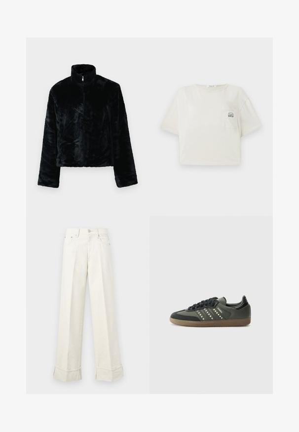 Svart jakke i faux pels med høy krage, glidelås, og lange ermer. Myk tekstur og avslappet passform, med en glatt og jevn overflate.; Kuttet kortermet t-skjorte i off-white bomull. Har en frontlomme med trykt logo og en rund halslinning. Glatt tekstur.; Bredde ben kremfargede bukser laget av bomull, med brettkant og beltesløyfer. Utformet med to frontlommer og frontknappelukking.; adidas Originals SAMBA OG - Joggesko - core black/legend earth/gum